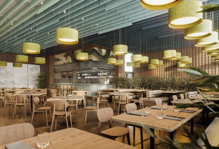 Modern restaurant with layered ceiling panels and hanging pendant lights
